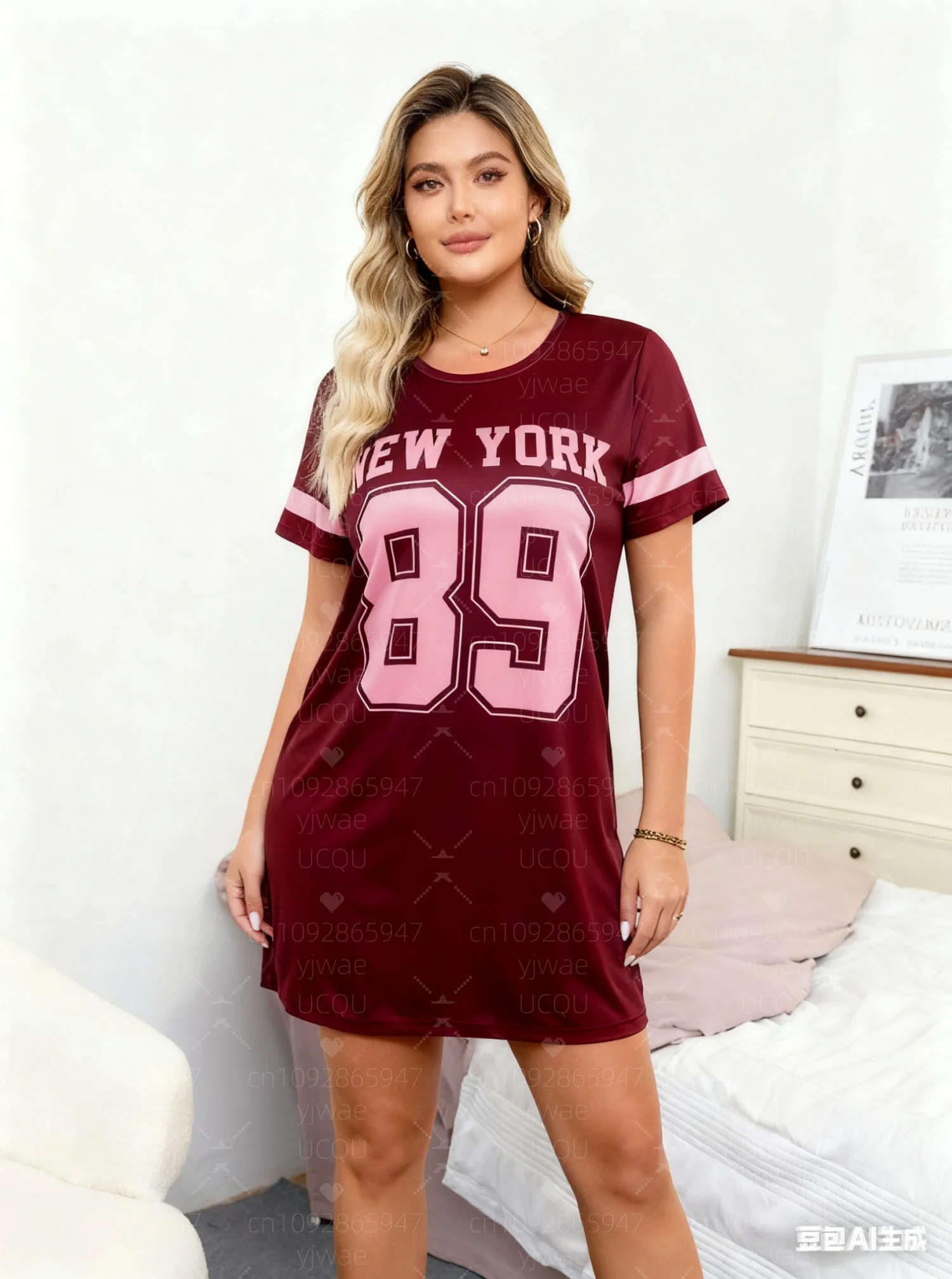 2025 Zomer Polyester Vrouwen T-Shirt Jurk Losse NEW YORK Print O-hals Dame Korte Mouw Trui Jurken Vrouwen Kleding