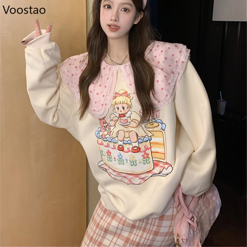 Cute Lolita Hoodies Women Sweet Peter Pan Collar Cartoon Print Sweatshirt Streetwear Y2k Pullover Tops Harajuku Moletom Feminino