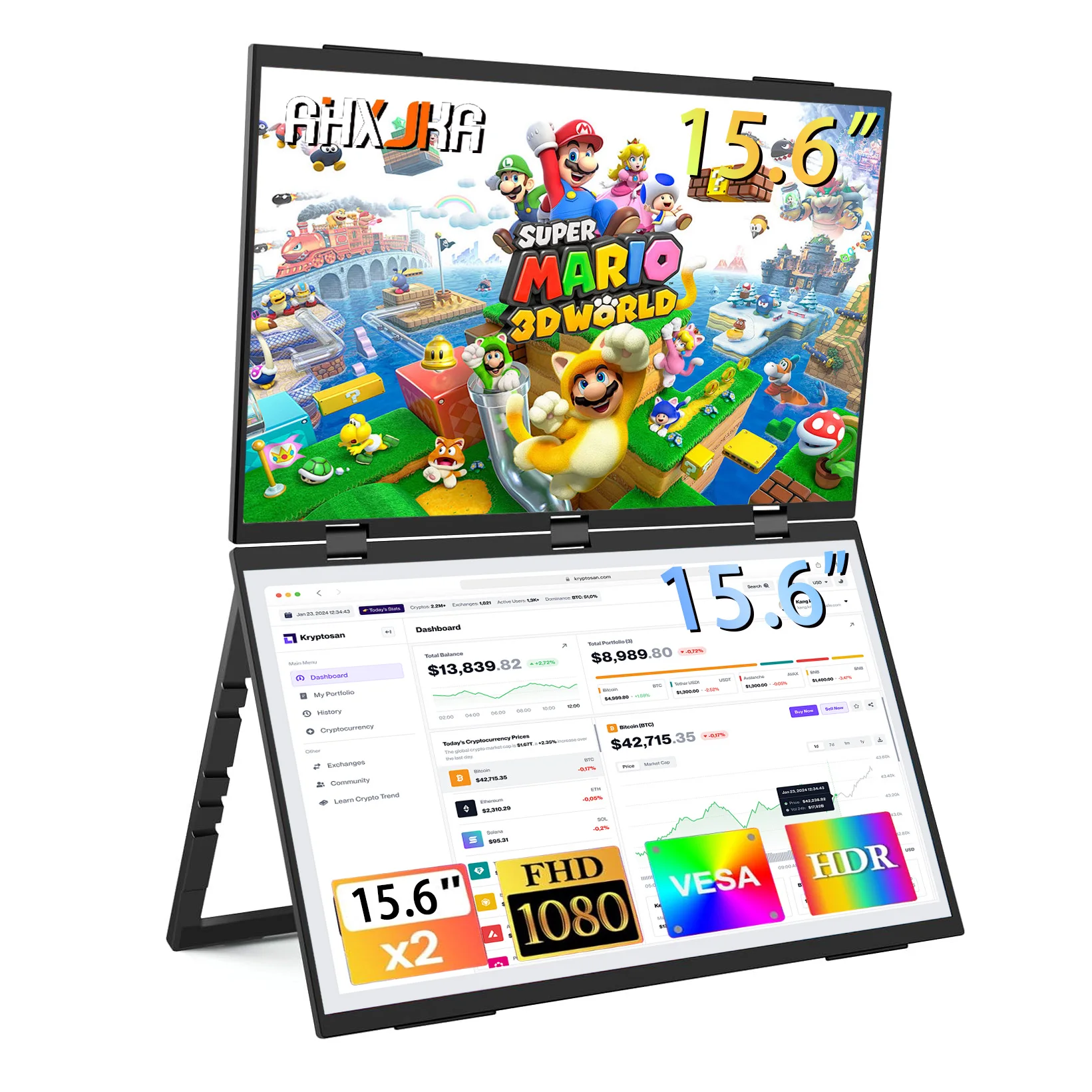 

15,6-дюймовый двойной складной портативный монитор 1080P 100%sRGB USB-C HDMI сложенный удлинитель экрана, совместимый с VESA для ноутбуков, ПК, Mac, Windows