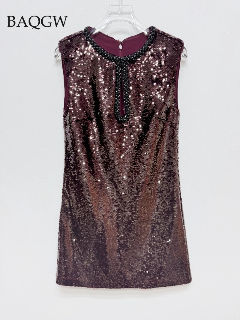 

Новинка весны 202, сетчатое мини-платье с блестками и бусинами для ногтей, сексуальное полое винно-красное без рукавов, женское свободное стильное мини-платье