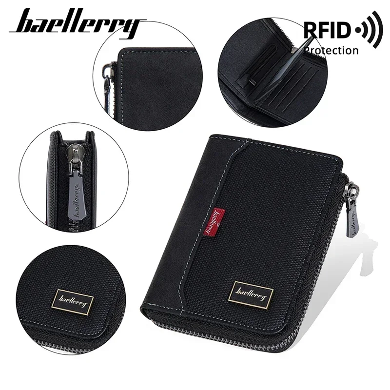 Baellerry-Portefeuille RFID Court Simple pour Homme, Fermeture Éclair, Marque de Luxe, Porte-Cartes, Porte-Photo, Porte-Monnaie, 2024