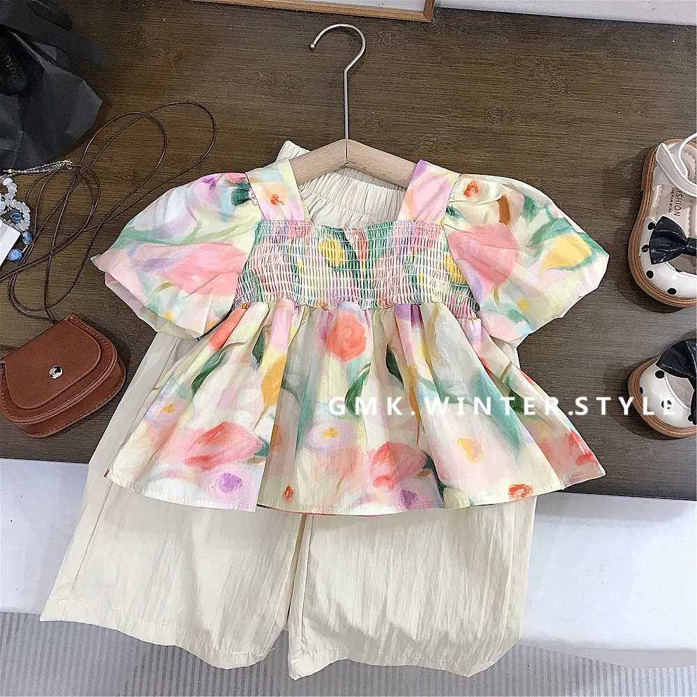 

Kids Girls Summer Clothing Sets Floral Print Puff Sleeve Square Collar Top Shirt+High Waist Solid Wide Leg Pants 2pcs Child Suit