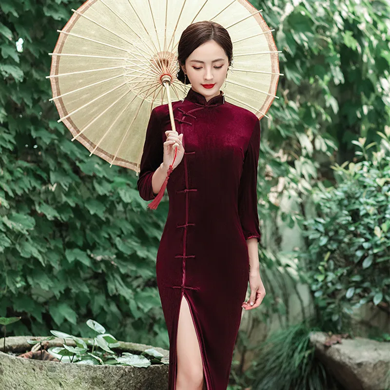 

Red Retro Velvet Cheongsam Dress Women Traditional Chinese Clothing Autumn Chic Jacquard Wedding Qipao Elegant Evening Dresses