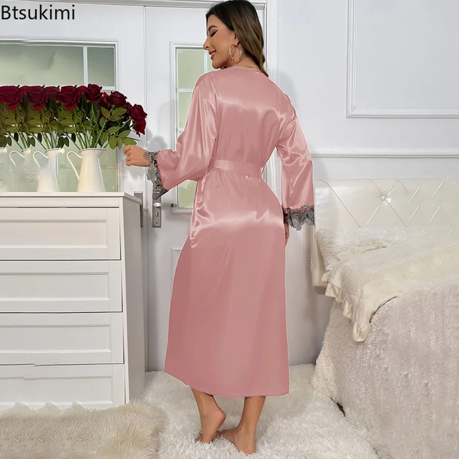 New 2025 Imitation Silk Lace Trim Women's Bathrobe and Sleeveless V Neck Nightgown Female Two Piece Sleepwear Lace-up Nightwear