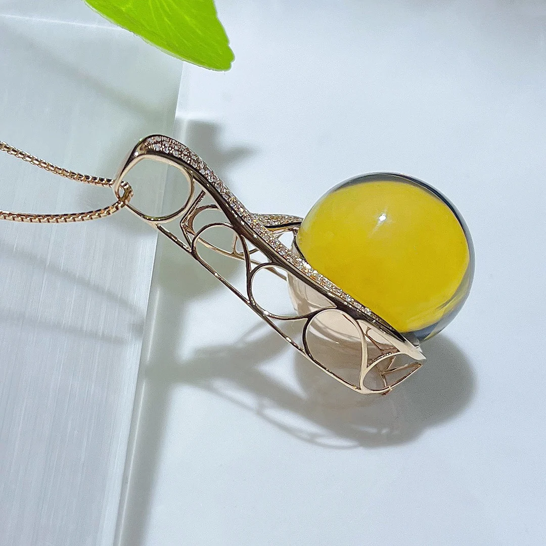 Natural Mexican Blue Amber Pendant 30mm round Bead with Flame Design Sterling Silver Luxury Jewelry Gift for Women