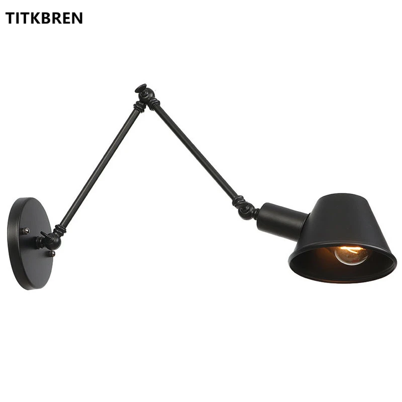 Rural Retro Adjustable Long Swing Arm Wall Lamp Reading Lights on the Wall Iron Shade Black Rust Color Home Luminaire Fixtures