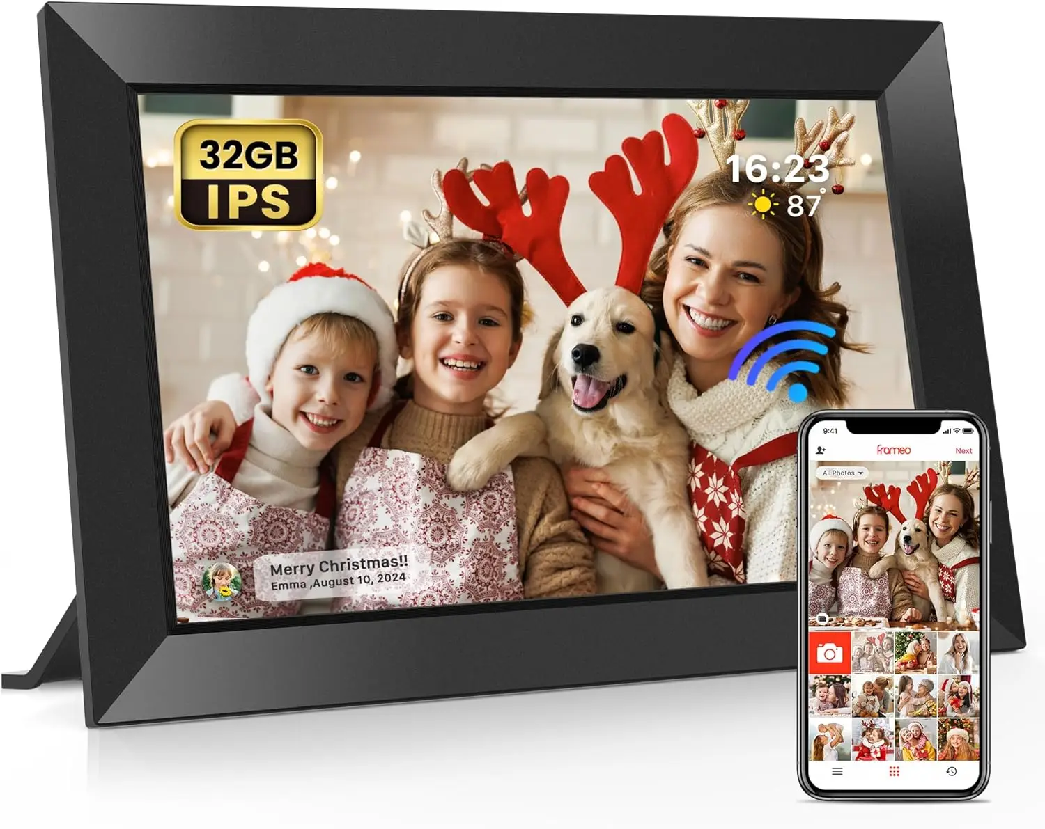10,1 Zoll WLAN Digitaler Bilderrahmen mit 32GB Speicher, 1280x800 IPS Touchscreen, Auto-Rotation, Teilen von Fotos/Videos über App