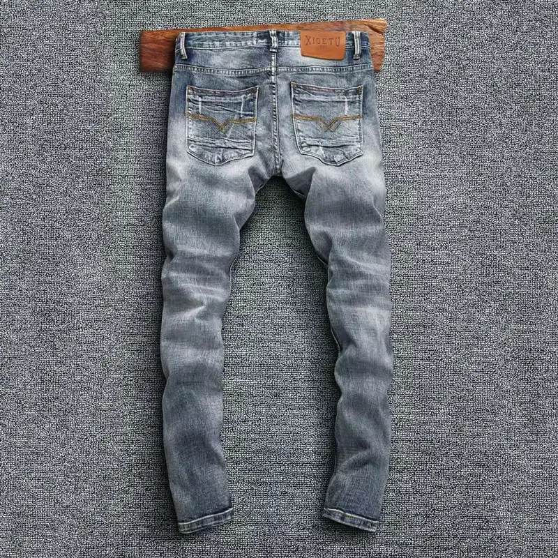 Street Fashion Men Jeans High Quality Retro Blue Stretch Slim Fit Ripped Jeans Men Patched Designer Vintage Denim Pants Hombre