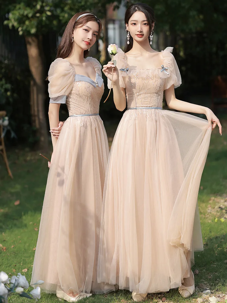 Temperament  Long Bridesmaid Dress Elegant Contrast Color Sequins Beadings Formal Vestidos Sisters Group Gown Graduation Dress