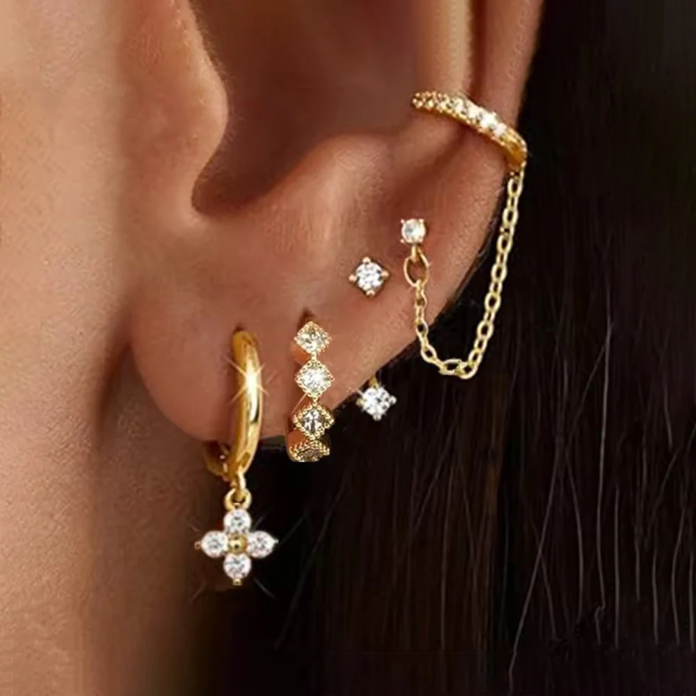 4PCS Exquisite Elegant Zircon Tassel Chain Ear Stud Sets For Women 14K Gold Plated Geometry Hoop Earrings Fashion Jewelry Aretes