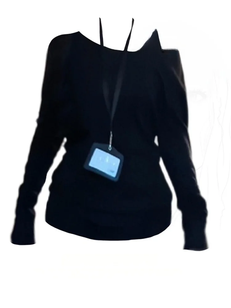 

plus Size Women's Bla Long Sve oulder Baring T-irt Casual Versatile Pure Desire Top for Autumn Korean Sle Straight...