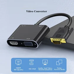 VGA to VGA+HD Dual Display Adapter with 3.5mm Audio Jack USB Power Cable 1-in 2-Out Splitter 1080P Converter for Desktop PC