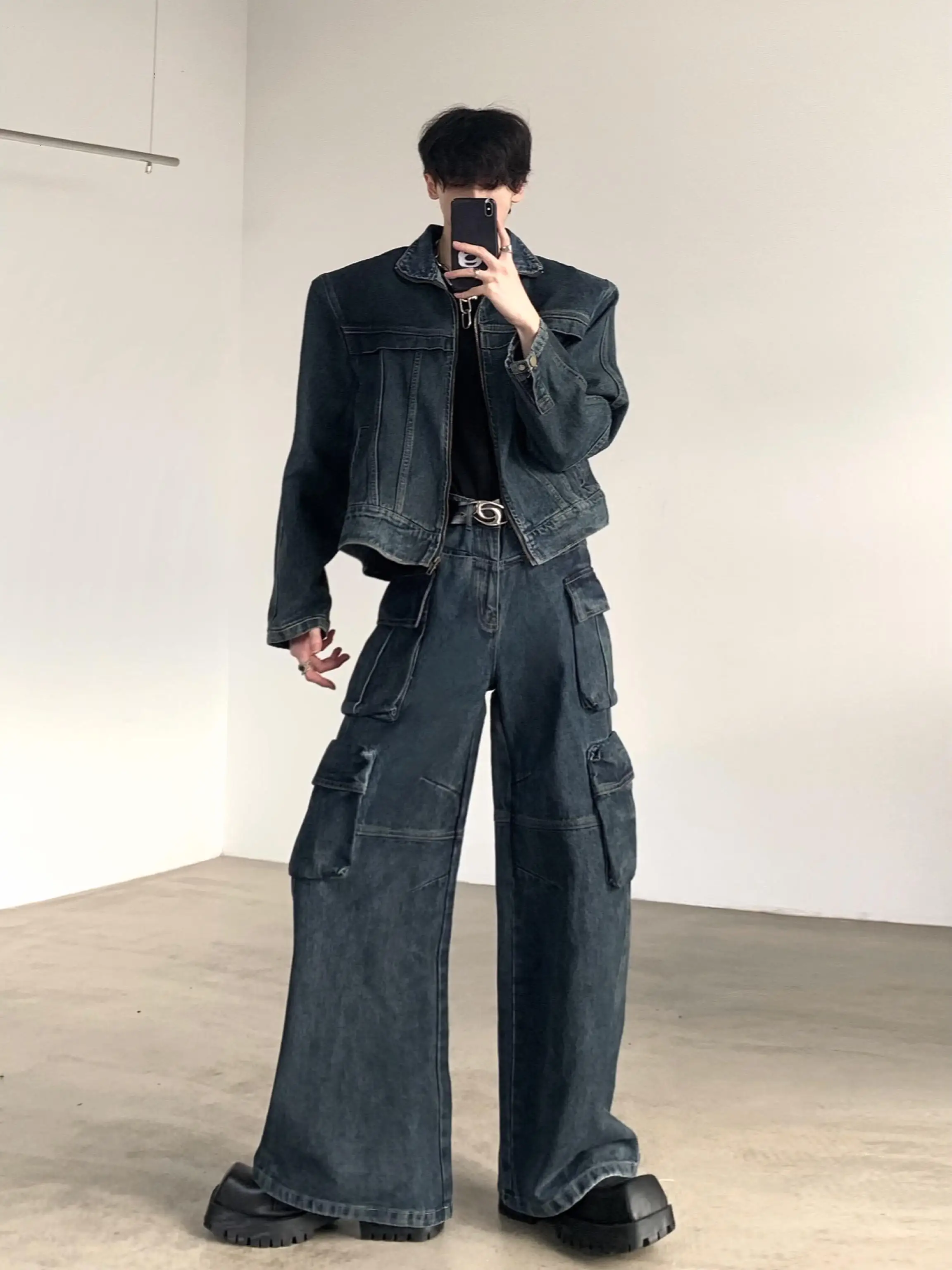 Retro Washed Deep Blue Denim Jacket And Pants Set Men's Premium Style Pad Shoulder Jacket Outerwear Loose Fit Spring Autumn W...