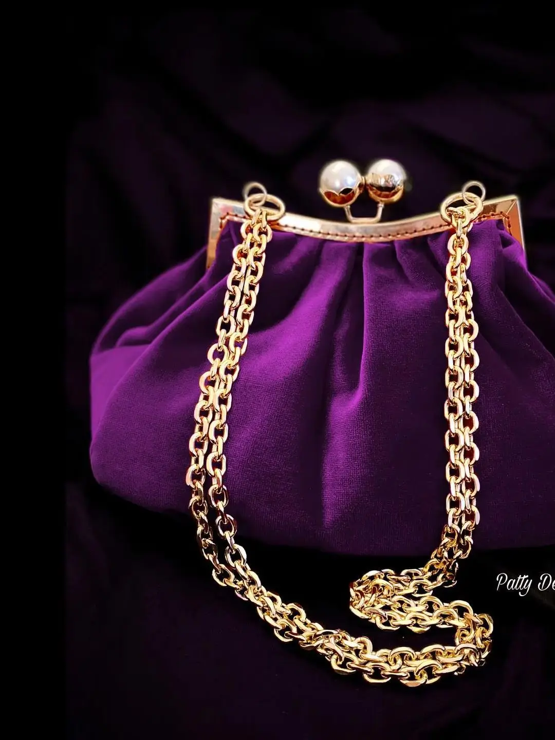 Lost in Vintage Velvet Purple Bag Big Pearl Kiss Lock Clutch Meatal Frame Puffy Bag Evening Clutch Purse 34x23x10cm
