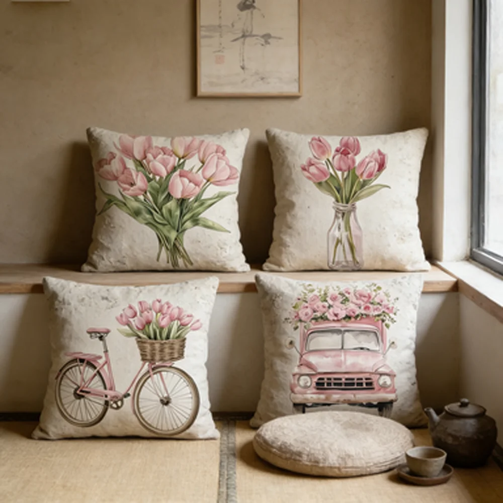 Rosa Tulpen-Blumen-Kissenbezug für Sofa und Schlafzimmer, einseitiger Druck, kein Kissenkern im Lieferumfang enthalten