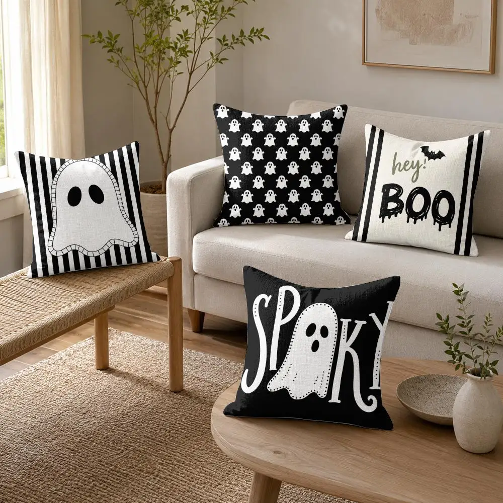 Halloween Ghost Print Cushion Cover Organic Linen Throw Pillow Cover - Double-Sided Print Breathable Cushion Case Home Decor