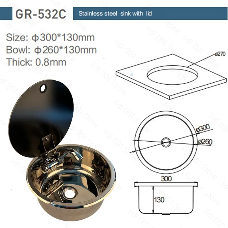 RV Round Sink with Cover Bed Car Trailer Modified Accessories Small Size Stainless Steel Water Basin with Hot and Cold Faucet