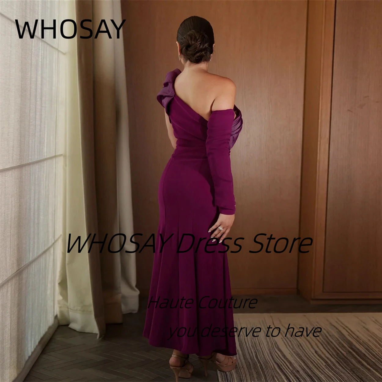 WHOSAY Customized Ruched One Shoulder Prom Dresses Long Sleeve Vestidos Des Fiesta Ankle Length Saudi Party Evening Dress