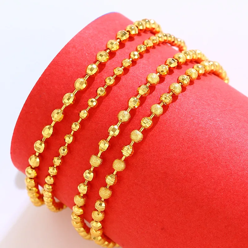 

Real 14K Gold Color 3mm Round Bead Chain Bracelet Pure Gold Bead Adjustable Classic Wedding Chain for Women Fine Jewelry Gifts