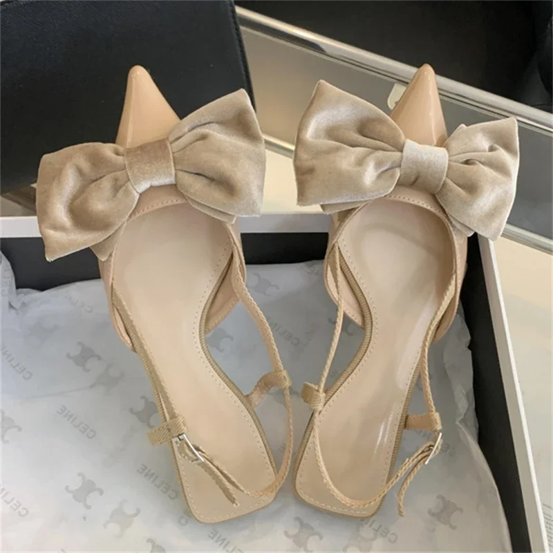 Spring Fashion Butterfly-knot Buckle Strap Pumps Women Pointed Toe Square Heel Dress Casual Mule Ladies Sandals Shoes