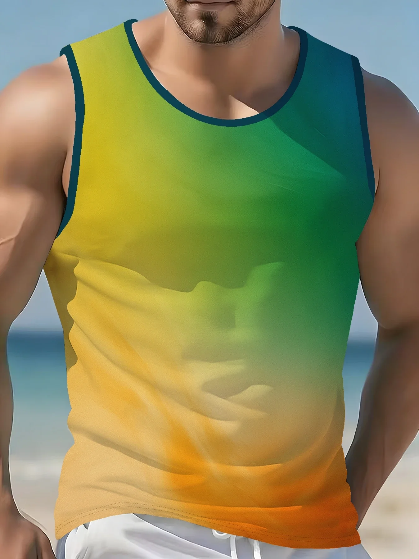 Summer New Gradient Print Men Tank Top Beach Style Breathable Color Shift Sleeveless Vest Trend Casual Man Streetwear