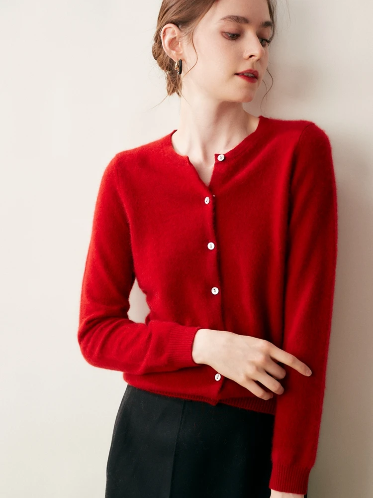 

New Basic O-Neck Cardigan Sweet Women 100% Cashmere Office Lady Style Clothing Autumn Winter Warm Solid Long Sleeve Sweater Tops
