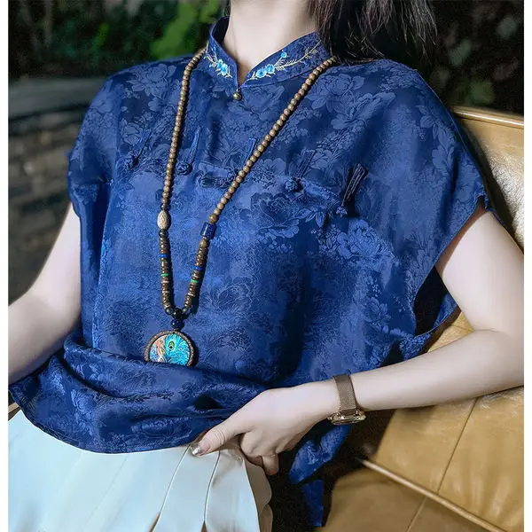 Embroidered Top Women's Summer Premium Feel Modified Cheongsam Chinese Style Buttoned Print Blouse