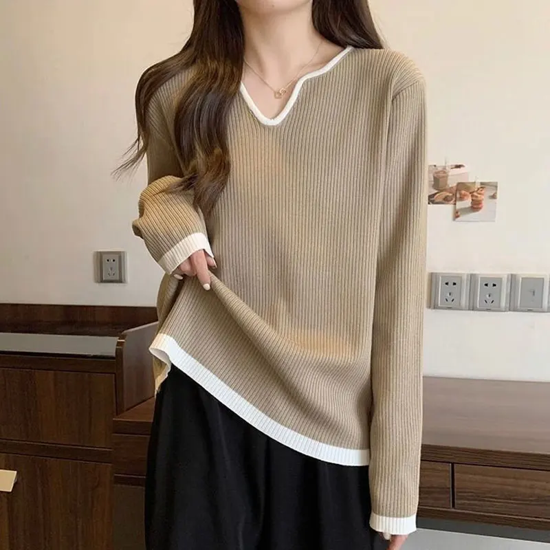 

Female Clothing Casual V-Neck Pullovers Loose Autumn Winter Ribbed Pattern Contrasting Colors Spliced Basic Long Sleeve T-shirt