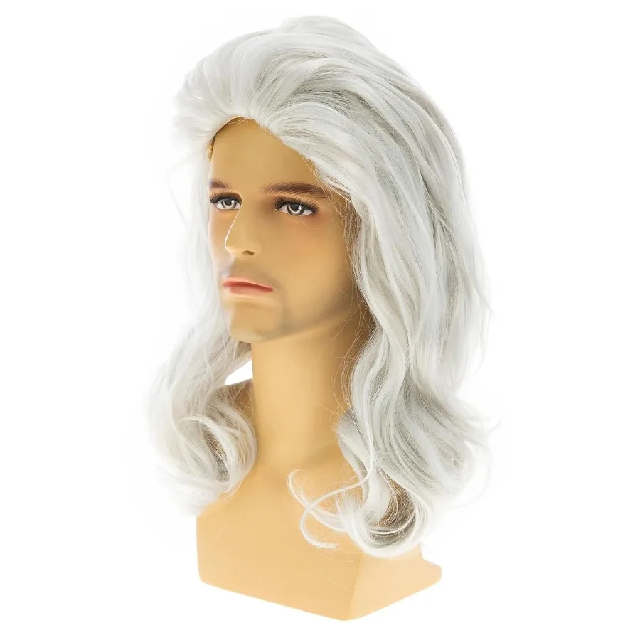 Parrucche bianche lunghe da uomo Parrucca da festa cosplay ondulata a strati sintetica perfetta per eventi in costume Temi fantasy e spettacoli teatrali