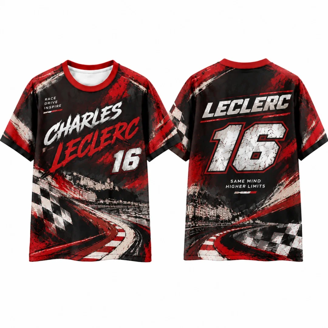 Leclerc #16 Racing T-shirt Unisex Motorsport Fan Tee Summer Short Sleeve Checkered Flag Race Track Graphic Tops Match Jersey
