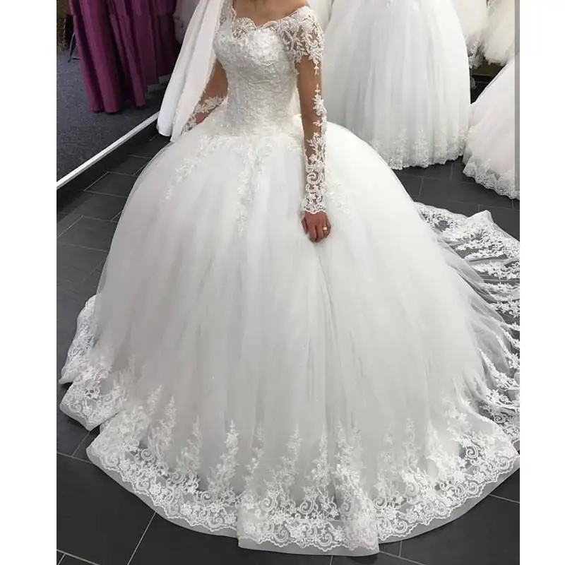 

Sequin Beaded Lace Appliques Long Sleeve Ball Gown Best Bridal Tulle Custom Made Wedding Dress