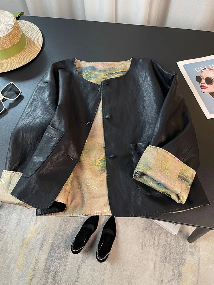 

New Chinese Sle Double-Sided Wear Leather Jaet Women's Autumn High-End Sensation Unique Beautiful Long Sve Top