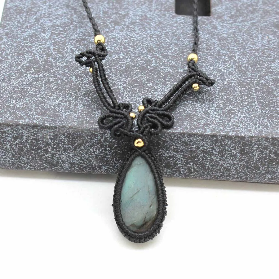 Charms Handmade Braided Macrame Spectrolite Stone Pendant Necklace For Women Natural Labradorite Weave Adjustable Men Jewelry