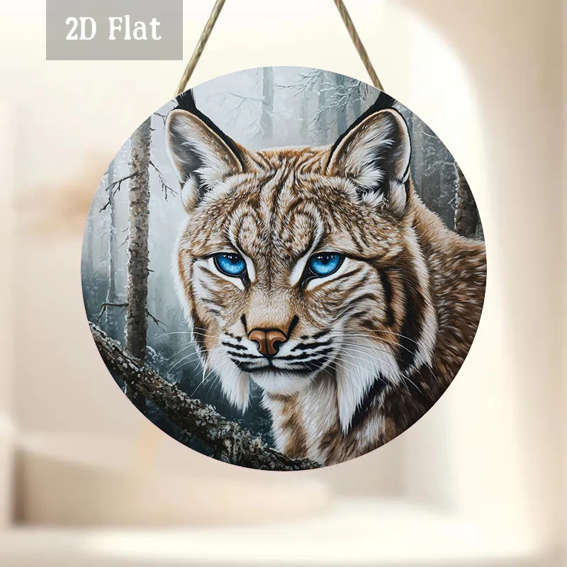 2D Flat, 1pc Majestic Lynx Wood Panel Painting - Round Lynx Face Wall Art with Striking Blue Eyes, Vintage Wildlife Forest Scene
