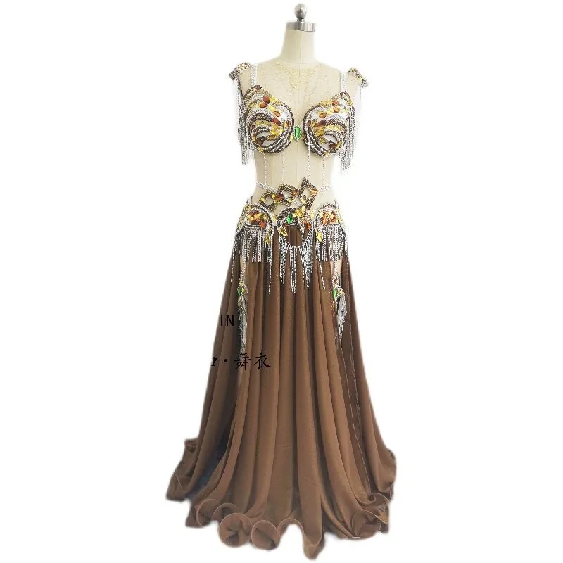 Customized Belly Dancewear Rhinestone Accessories Group Stage Suit Performance Costume Belly Dancing Bra Tassel Split Skirt Set