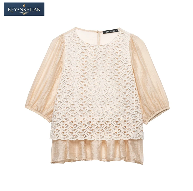 

KEYANKETIAN 2026 Boho Crochet Lace Blouse Women Round Neck Puff Sleeve Two-Layer Lightweight Casual Summer Office Top