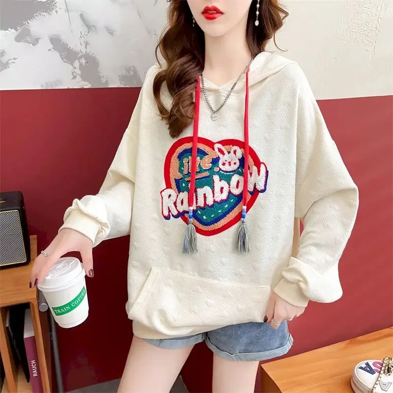 Womens Hoodies Spring Autumn Trend Thin Sweatshirt Fashion Jacquard Hooded Jacket Oversized Loose Drape Feeling Hoodie Top Woman