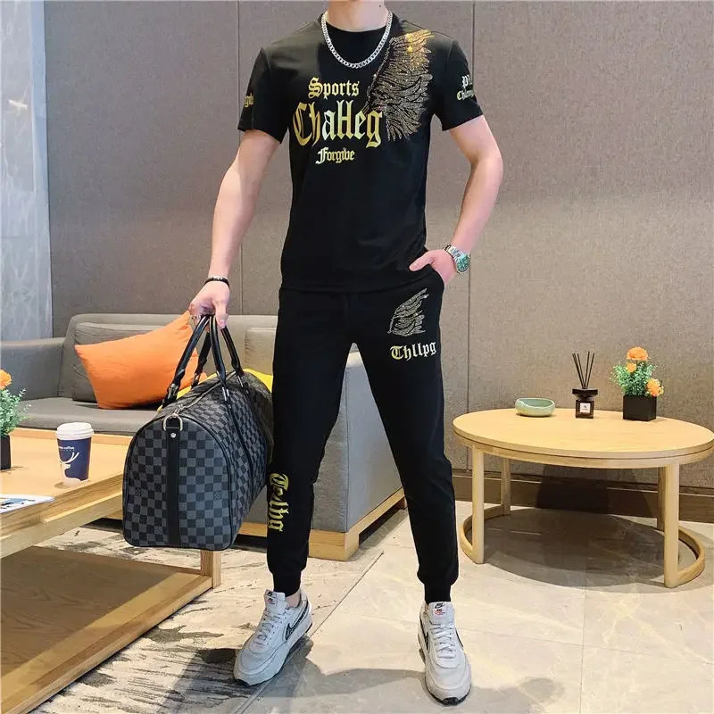 Hot Diamond Korean Fashion Men's Sets,T-shirt and Trousers 2-piece Set，Sport Wear  Two Piece Set Summer  Mens Clothes  Sweatsuit