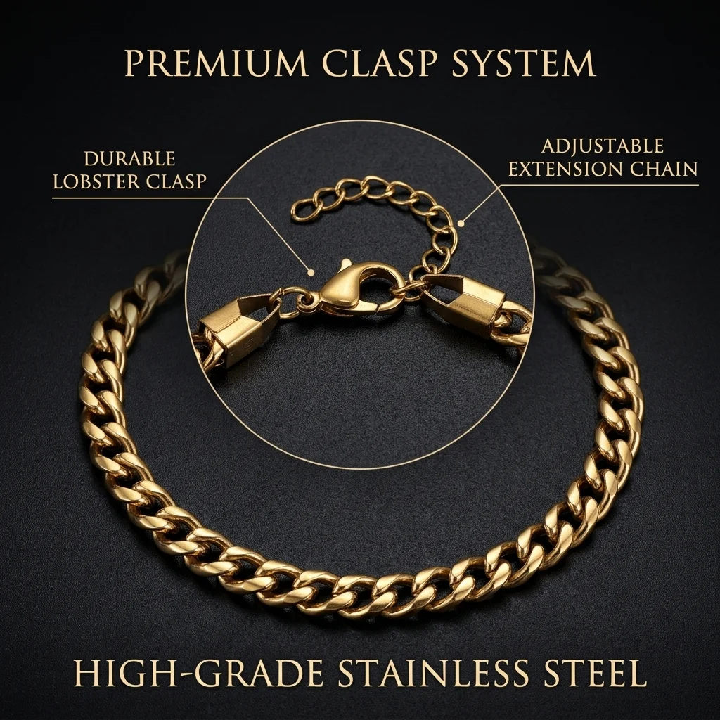 Vintage Gold Reversible Arc Edge Cuban Link Bracelet Adjustable Stainless Steel Classic Steel Tone with Extension Lobster Clasp