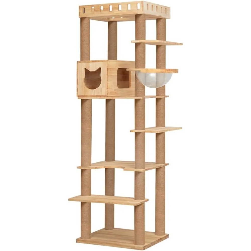 

Cat Tower, Wooden, Made of Natural Wood, Multi-Level Cat Climbing Furniture for Large Cats, Sturdy Cat Activity Center with Scra