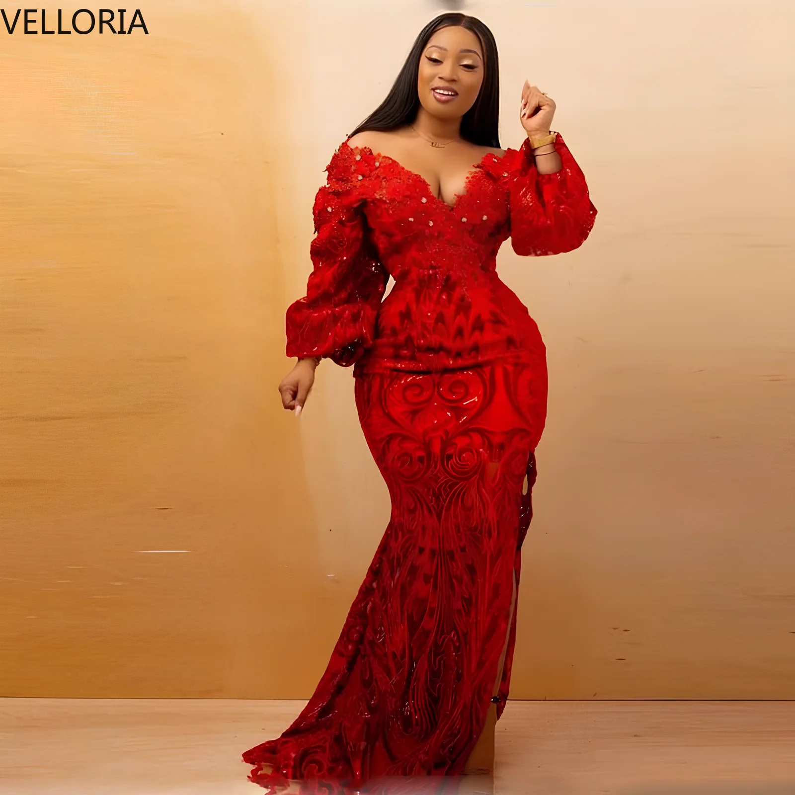 

Элегантное кружевное красное вечернее платье, сексуальное платье-русалка с V-образным вырезом и длинными рукавами, африканское женское праздничное платье, индивидуальный пошив