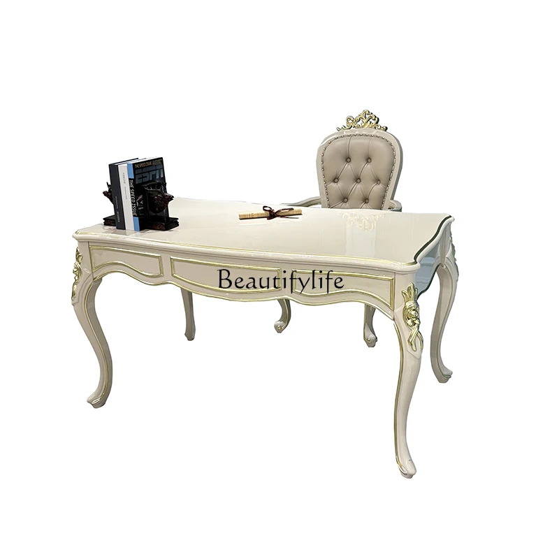 French solid wood desk and chair combination, European luxury neoclassical study desk