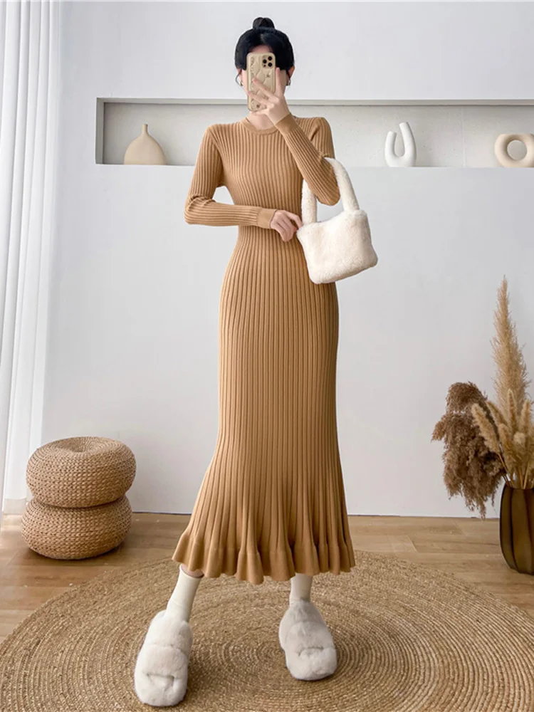 New Women Sexy Sweater Dress Autumn Winter Fashion O-Neck Long Sleeve Slim Knitted Overlength Dress High Stretch Pullover Dress