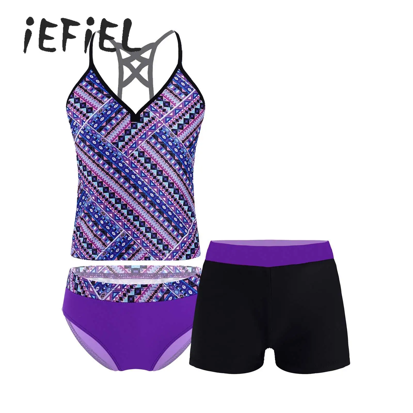 

8-16 Years Print Tankini Set Teen Girls Swimwear 3-Piece Swimsuit Summer Beach Bathing Suit Vest Tops + Briefs + Shorts Outfits