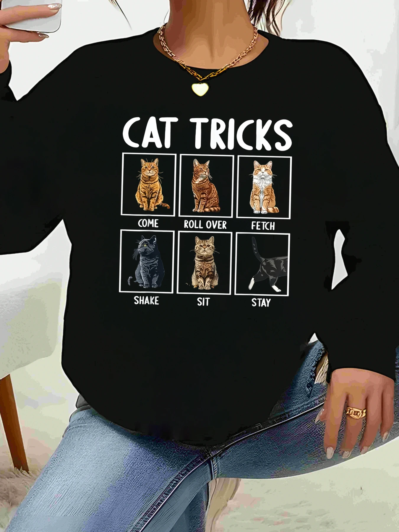 Camiseta de manga comprida com estampa de truques de gato Halloween Casual Wear Top feminino