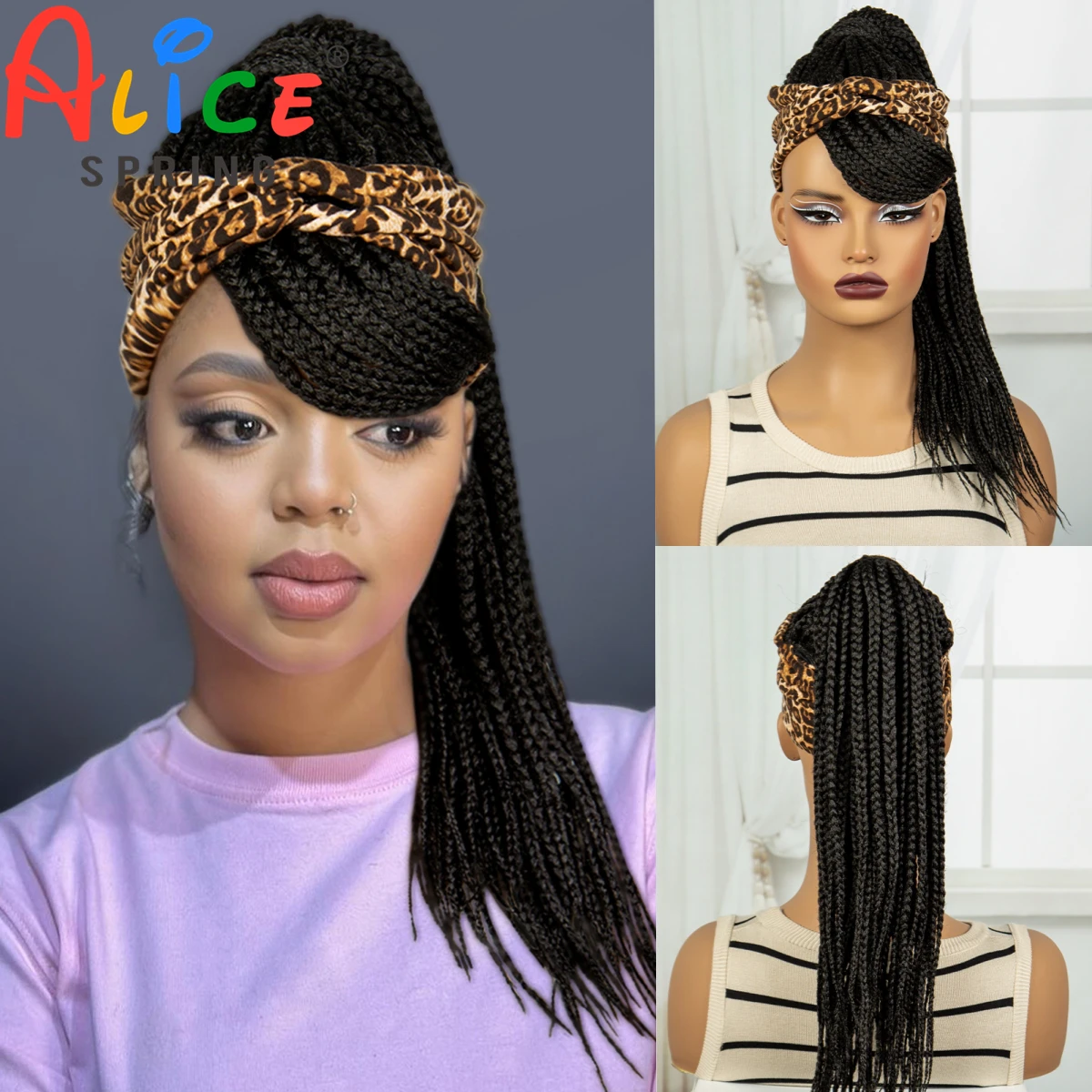 Sintético rabo de cavalo Headband trançado peruca com Bangs para mulheres negras, máquina feita Cornrow perucas, Knotless Box trançando cabelo peruca