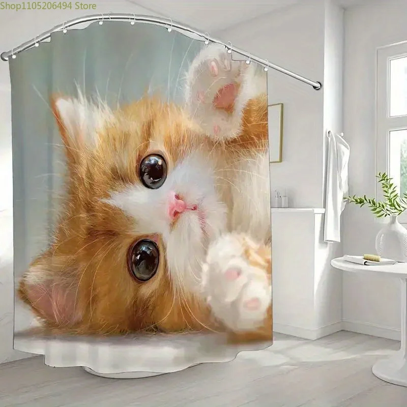 

Cute Orange Kitten Shower Curtain Waterproof Easy to Clean Privacy Protection Print Realistic Cat Art Design Adorable QuickSetup