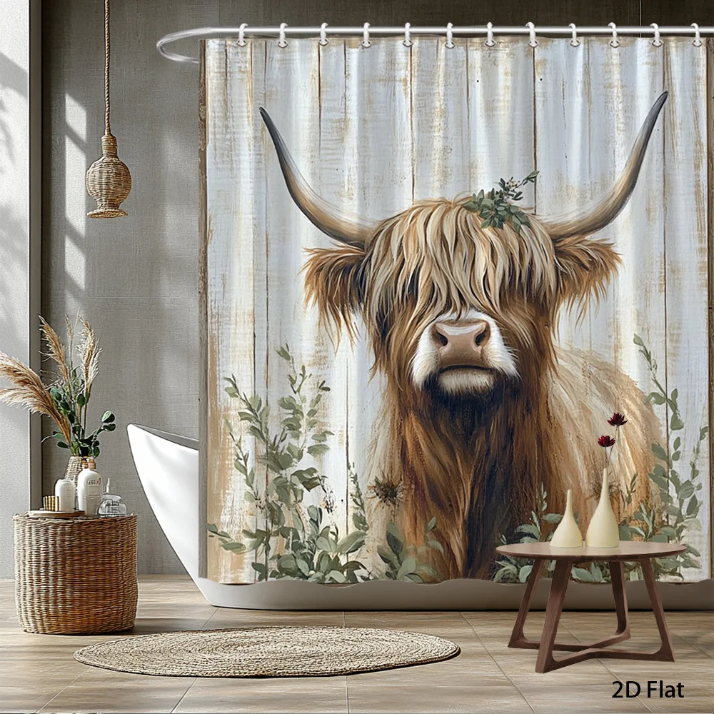 rustic highland cow with floral crown shower curtain for farmhouse bathroom decor vintage animal art home decoration Quick Setup