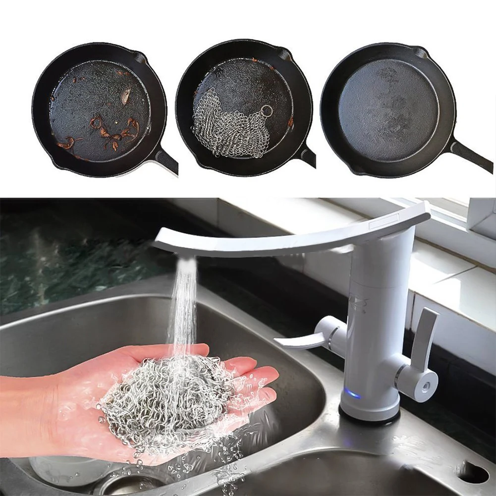 316 Stainless Steel Cast Iron Cleaner Chain Mail Scrubber Brush Pan Net Home Cookware Kitchen Tool Clean Kitchen Small Items