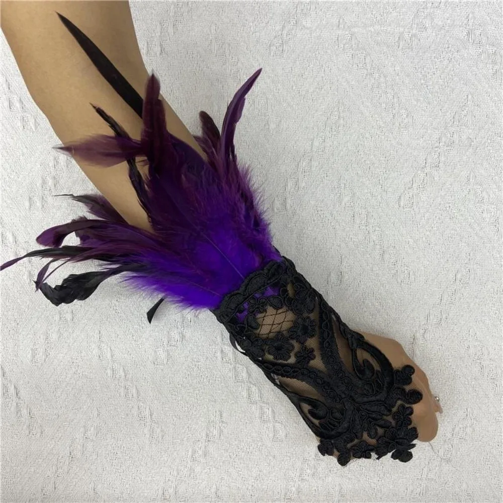

Hook Finger Gloves Wristband Halloween Feather Gloves Retro Embroidery Feather Lace Glove Gothic Dark Women Halloween Cuffs Ball